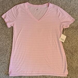 NWT a.n.a Pink & White Stripe V-Neck Short Sleeve Shirt Women's Size Large